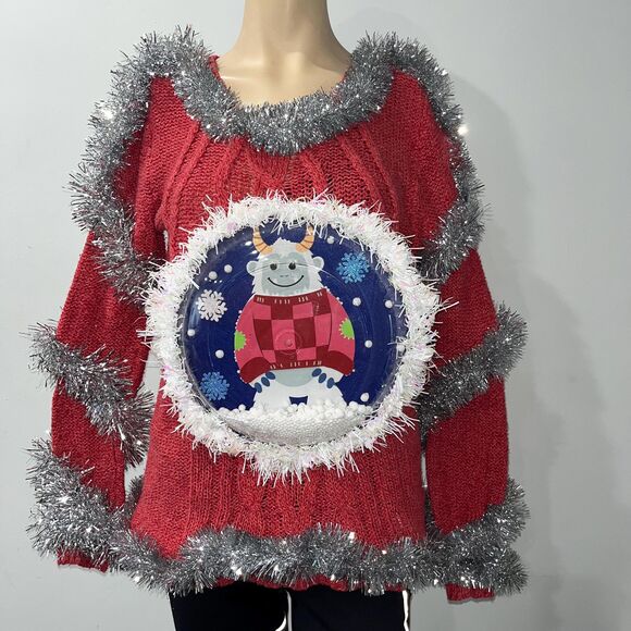 Yeti Abominable snowman snow 3D Tacky ugly woman Christmas sweater SM lights up! - Picture 1 of 10